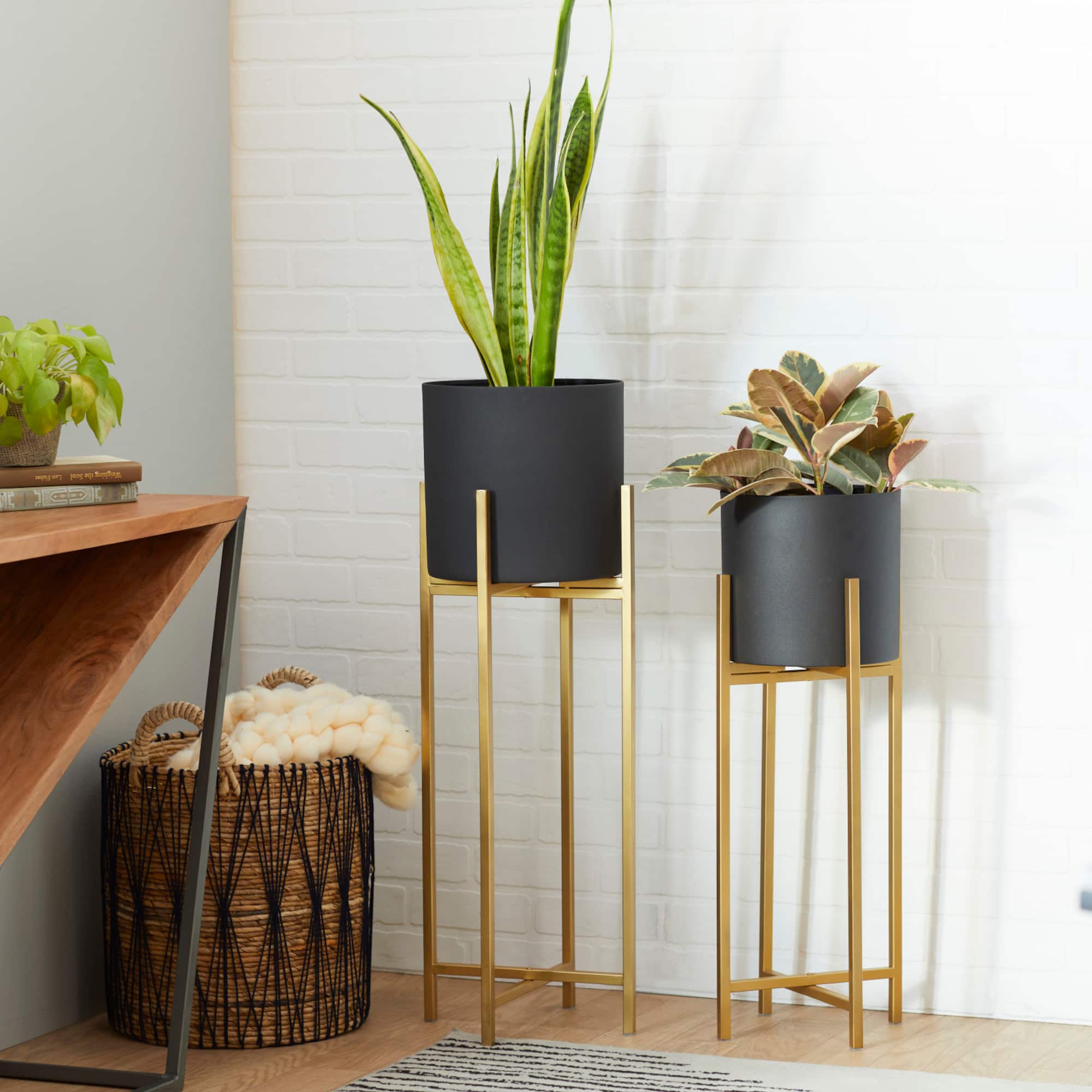 Black Metal Contemporary Stand Planter Set